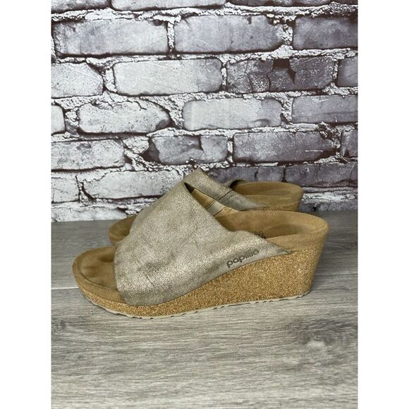 Papillio Birkenstock Metallic Silver Shimmer Cork Wedge Slide Sandals Women 40EU - Picture 8 of 16